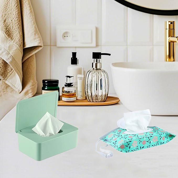 HFHungkeong Wipes Dispenser with 2Pcs Portable Refillable Wipe Holder,Reusable Large Wipe Holder Box Flushable Wipes Case Bathroom Wipes Container for Pet Nursery Kitchen Office Counter(Green)