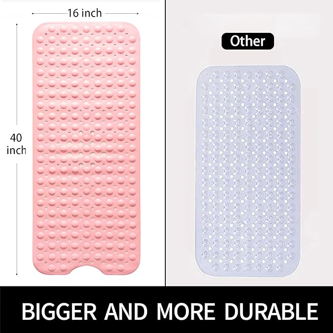 Bathtub and Shower Mats, Extra Long Non-Slip Bath Mat 39 x 16 Inch, Machine Washable Bath Tub Mat with Suction Cups & Drain Holes for Bathroom, Pink