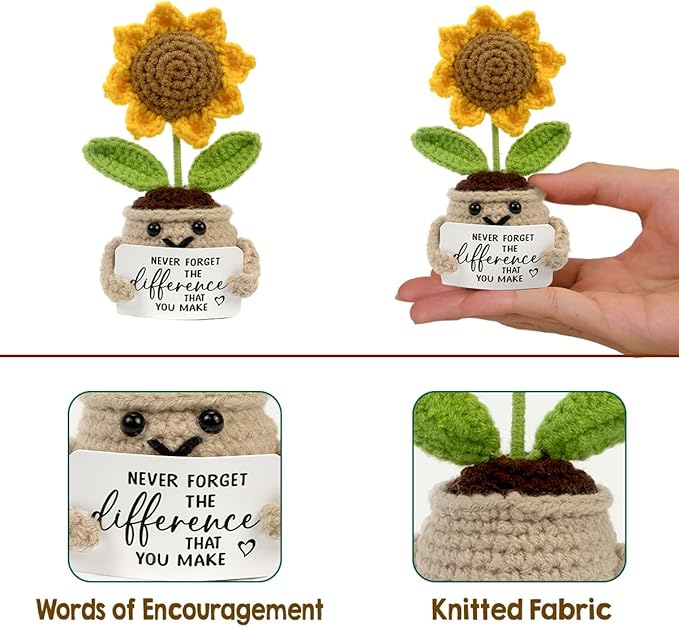 Tiny Detalles Birthday Gifts for Women - Mini Positive Crochet Sunflower, Gifts for Mom from Daughter Son on Mothers Day, Thank You Gifts for Teacher, Coworker, Friends and Sunflower Decor