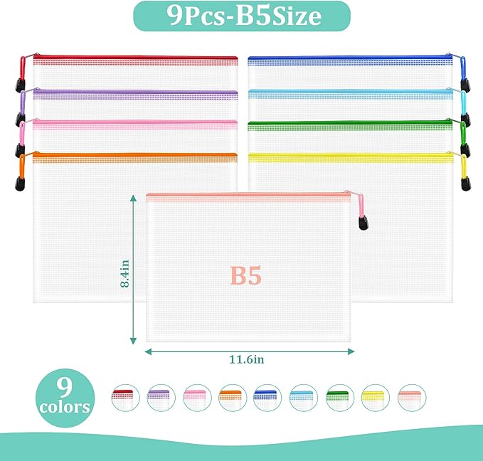 VVCOIIROEI 9pcs Mesh Zipper Pouch Bags, B5 Mesh Pouch, Plastic Zipper Pouches, 9 Colors for Organizing, Board Game Storage, Travel, School, Office