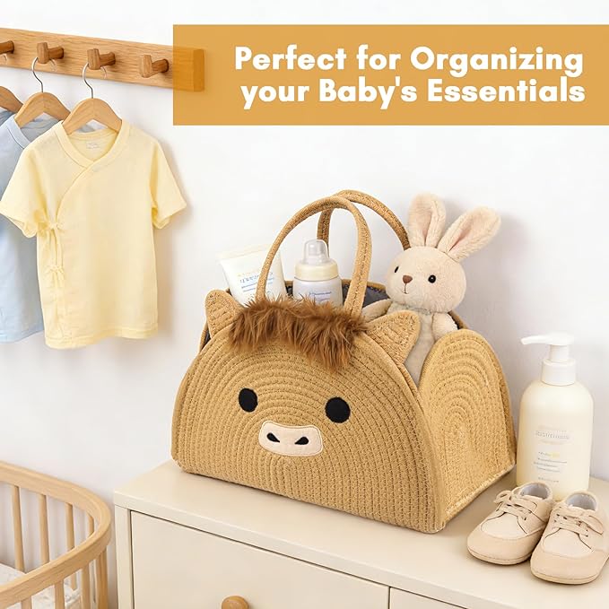 Highland Cute Cow Baby Diaper Caddy Organizer, Woven Cotton Rope Basket for Nursery, Portable Diaper Caddy Empty Gift Basket, Baby Wipes Shower Towels Storage Bins for Newborn Essentials