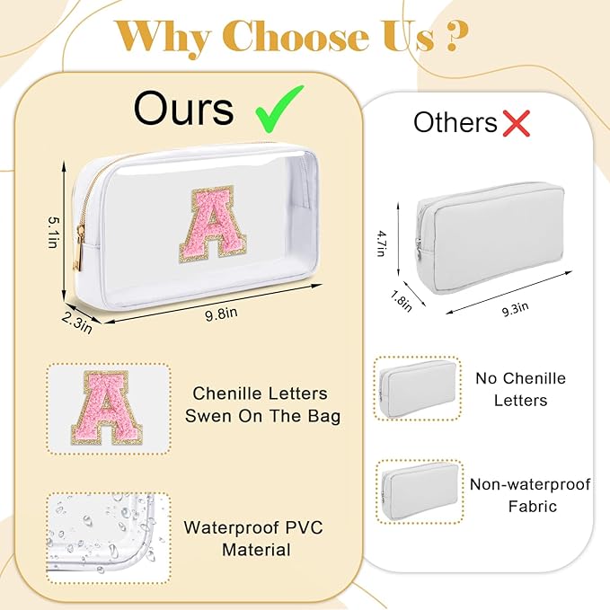 Personalized Initial Letter Clear Makeup Bag,Preppy Small Nylon&PVC Cosmetic Zipper Bag with Chenille Letter,Travel Skincare Toiletry Bag,Monogram Christmas Gift for Teen Girls Women,T