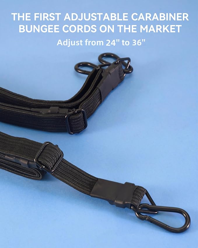 36 Inch Adjustable Carabiner Bungee Cords with 190 Lbs Max Break Strength - Adjust from 24" to 36" - Heavy Duty Flat Carabiner Bungee Straps with Upgraded Hooks for Tents, Cargo, Luggage, etc (4 Pcs)
