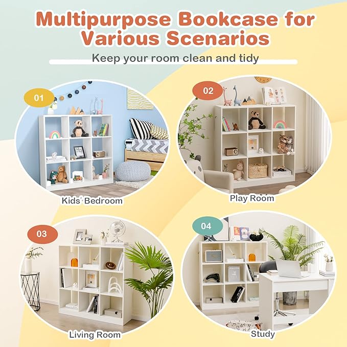 Costzon Toy Organizers and Storage, Wooden White 9-Cube Kids Bookcase for Books Toys Display Organization, Toddler Bookshelf for Bedroom, Living Room, Nursery, Playroom