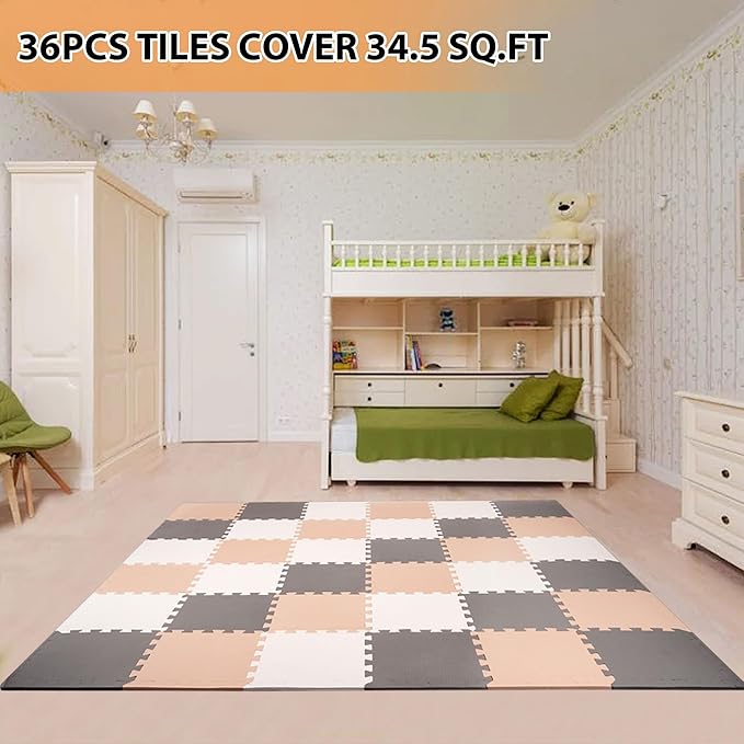BalanceFrom Foam Floor Tiles for Kids - Non-Toxic Comfortable Baby Play Mat and Interlocking Foam Tiles for Crawling & Development, Soft Play Mat for Babies, 36 Tiles Cover 36 SQ SF