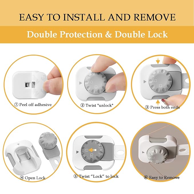 Fursafe&Q Child Safety Cabinet Proofing, Baby Cabinet Locks Adhesive Adjustable Child Safety Strap Locks Drawer Fridge Ovens Toilet Latches No Screws for Furniture Kitchen White 6Pack