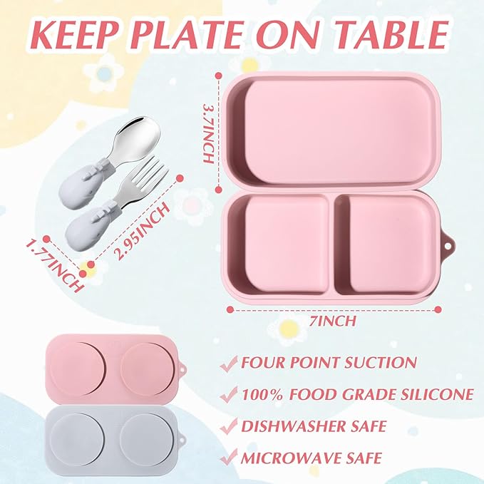 Uiifan 2 Pack Baby Suction Plate Set Silicone Suction Plate with Lid Divided Bowls for Portable Toddler Utensils Compact for Self Feeding Baby Travel Essential(Gray, Pink)