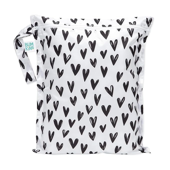 Bumkins Waterproof Wet Bag for Baby, Travel, Swim Suit, Cloth Diapers, Pump Parts, Pool, Beach, Gym Clothes, Toiletry, Hook to Stroller, Daycare, Zipper Reusable Wetdry Packing Pouch, Black Hearts
