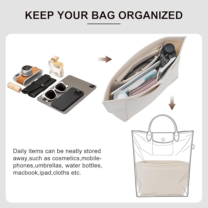 Premium Felt Purse Organizer Insert for Longchamp Le Pliage M Top Handle Tote Bag, Lighweight Long Champ Medium Tote Divider with Zipper Pocket,Bags Storage Shaper with 7 Pockets,SM/Beige