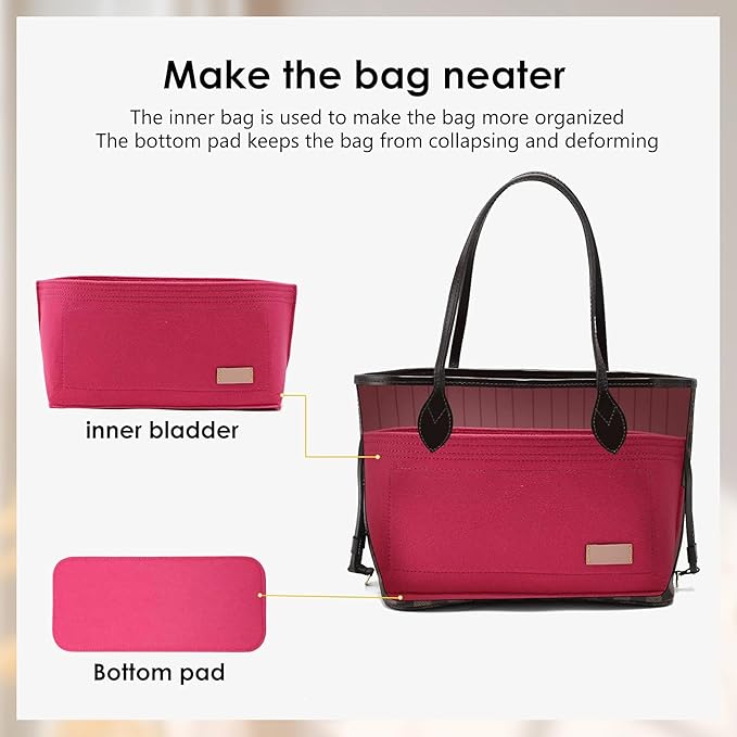 Purse Organizer Insert with Base Shaper Compatible with neverfull MM, Speedy 30, C.oach City 33 and More,Bag Organizer Insert for Luxury Bags,L/Rose