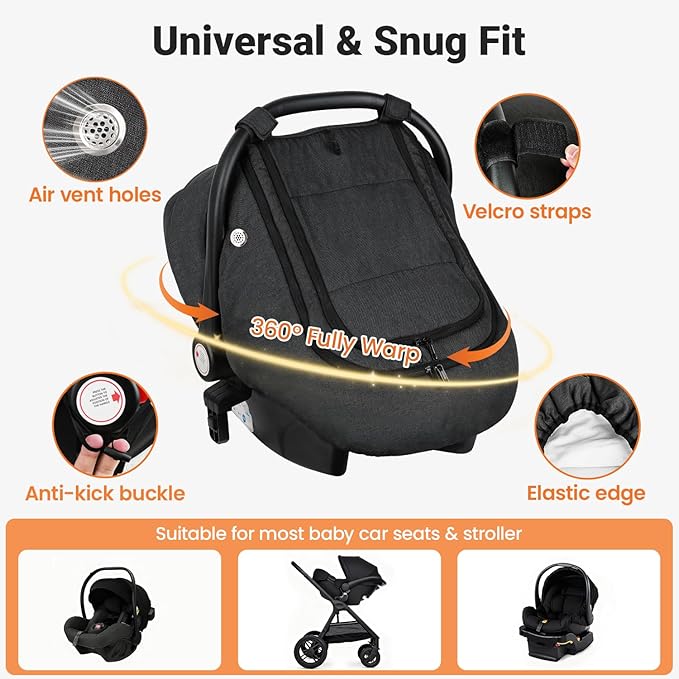 Rquite Car Seat Cover Baby, Carseat Covers Boy Girl, 2 Layers Window -Breathable Mesh & Wind/Sun Shade, Infant Car Seat Canopy Baby Carrier/Stroller Cover, Fit Spring, Fall, Winter, Cold Weather