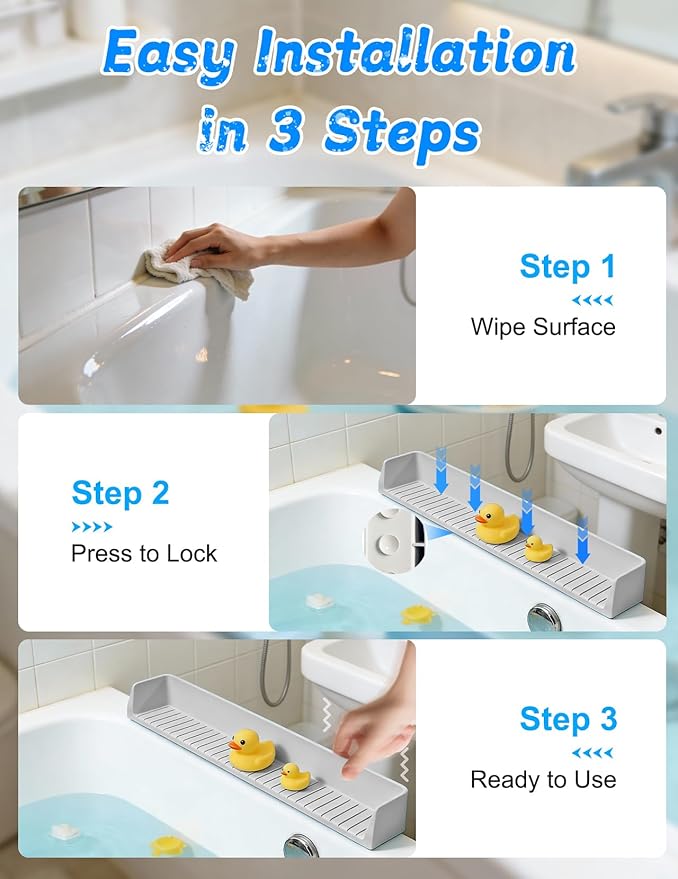 Splash Guard for Bathtub 31.5 Inch Silicone Tub Splash Guard with 11 Suction Cups Foldable Bath Toy Holder & Play Shelf Prevents Water Spills for Standard Tubs (Light Gray)