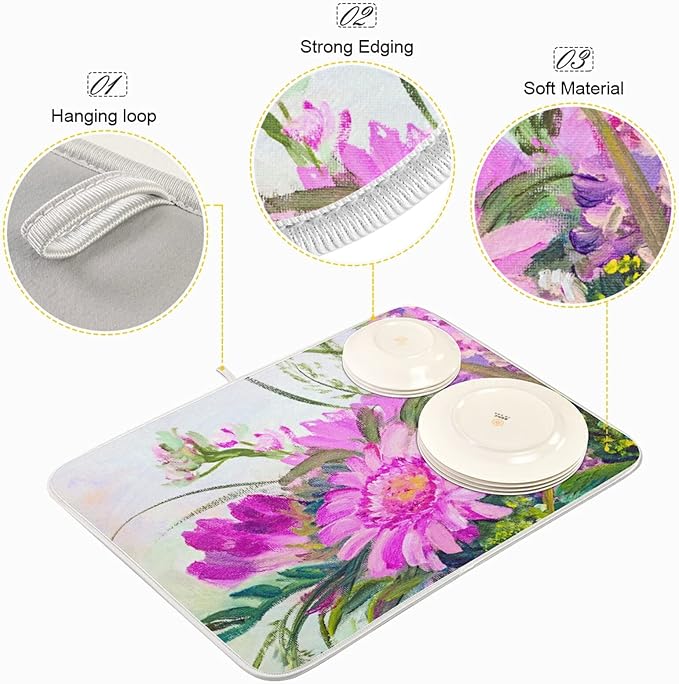 Absorbent Dish Drying Mat for Kitchen Counter - Oil Painting Flowers Microfiber Drying Pad, Reversible Drainer Mats for Countertop, Small 16" x 18"