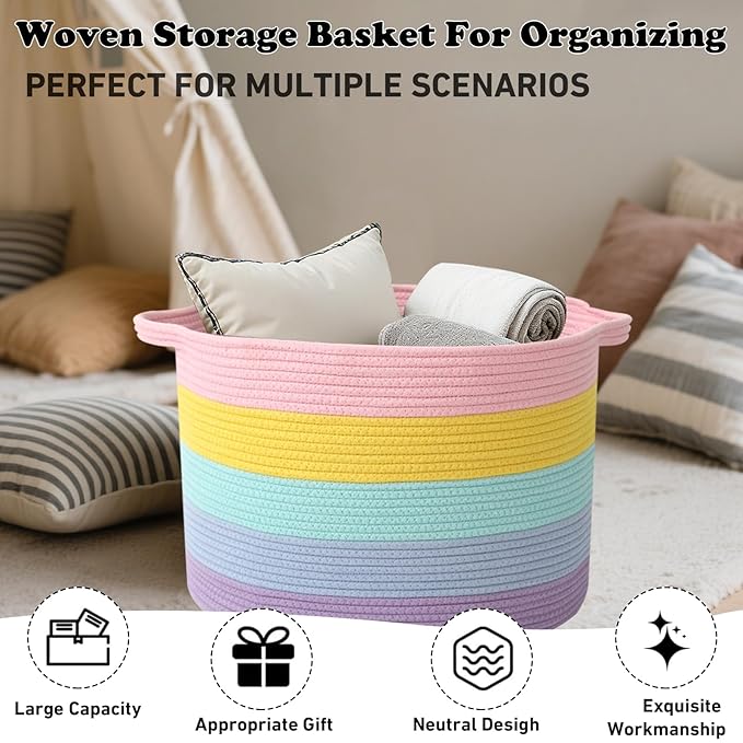 Large Storage Basket with Handle,23.6" x 23.6" x 15.7" Blanket Basket Storage Bins for Organizing,115L Cotton Rope Woven Baskets for Living Room, Nursery,Bedroom,Colorful