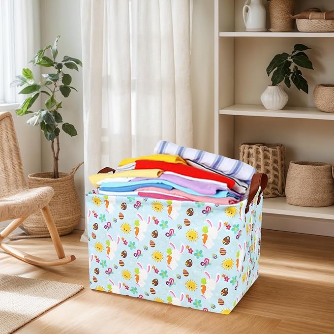 ASKETAM Easter Basket for Kid Large Empty Rectangular Cute Easter Gift Storage Basket Bunny Eggs Décor (Rabbit Butterfly Sun)