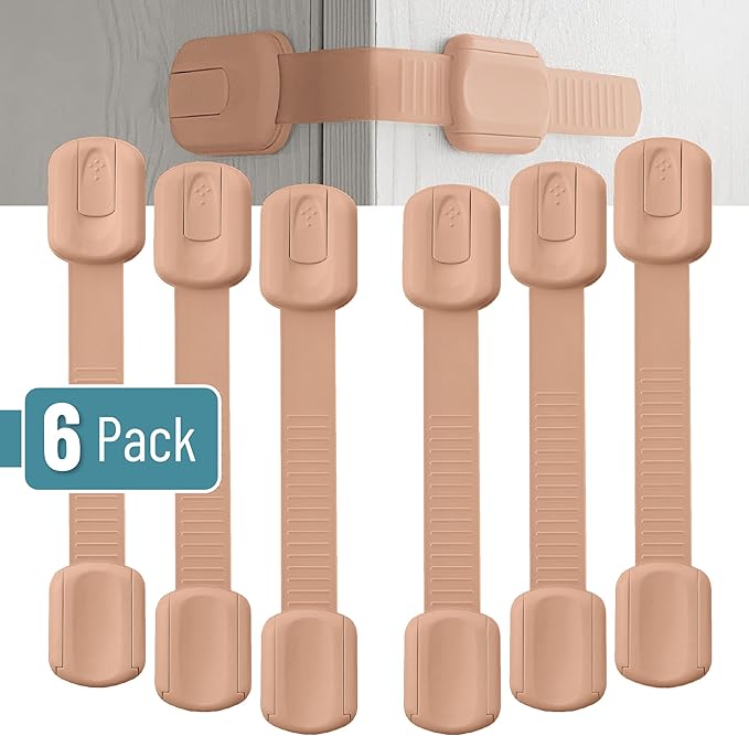 Bate- Child Safety Strap Locks, 6 Pack, Light Peach, Baby Locks for Cabinets, Drawers, Kitchen, Toilet, Furniture, Fridge, Multi-Purpose, Easy Install with Quick 3M Adhesive for Childproofing
