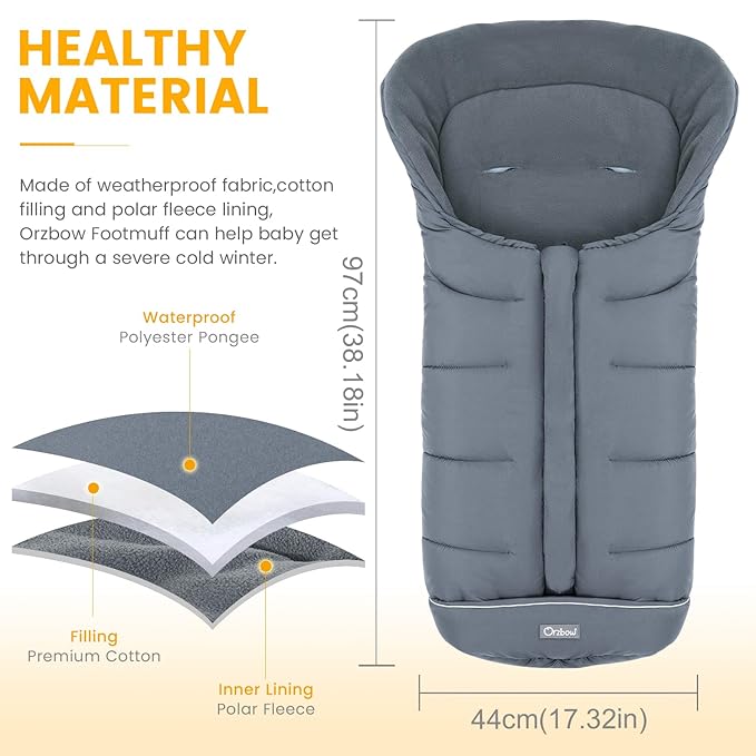 Orzbow Universal Footmuff for Stroller, Winter Warm Baby Stroller Bunting Bag, Waterproof Windproof Warm Polar Fleece Lined for Toddler Stroller Sleeping Bag, Grey