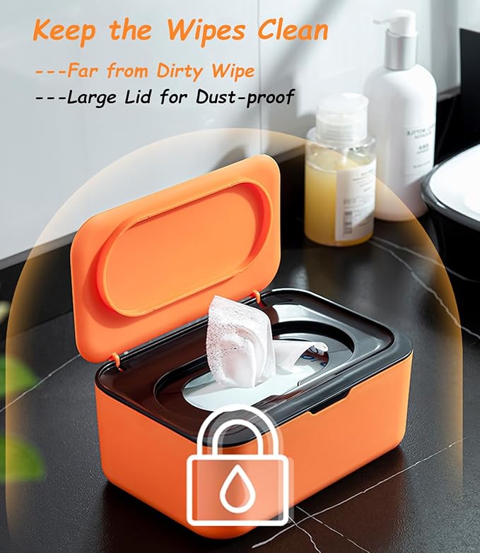 Wipes Dispenser, Wipe Holder for Baby & Adult, Seposeve Refillable Wipe Container, Keeps Wipes Fresh, One-Handed Operation. Non-Slip, Easy Open/Close Wipes Pouch Case, Orange