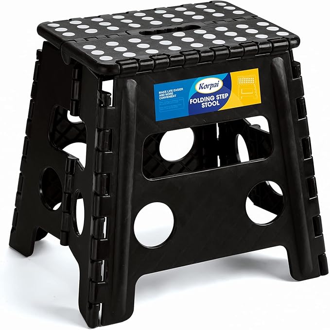 Korpai 13" Folding Step Stool for Adults and Kids Holds Up to 300 lbs,Non-Slip Folding Stools with Portable Handle, Compact Plastic Foldable Step Stool for Bathroom,Bedroom, Kitchen,Black,1PC