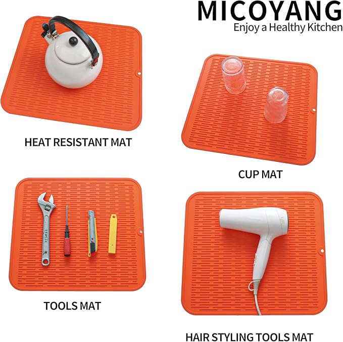 MicoYang Silicone Dish Drying Mat for Multiple Usage,Easy clean,Eco-friendly,Heat-resistant Silicone Mat for Kitchen Counter or Sink,Refrigerator or Drawer Liner Orange 2XL 24 inches x 18 inches