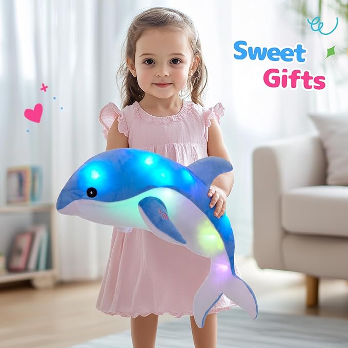 Glow Guards Light up Musical Stuffed Dolphin Ocean Life Soft Plush Toy with LED Night Lights Nursery Songs Glow Singing Sea Animals Birthday for Toddler Kids, 18''
