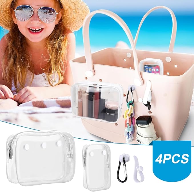 3 Packs Clear Bogg Beach Tote Bag with 2 Pack Insert Hooks Accessories for Bogg Bags Travel Makeup Clean Toiletry Brush Organizer Cosmetic Divider Storage Inner Pouch