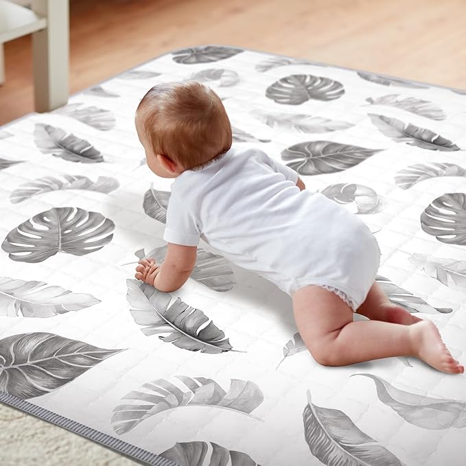 Funtery 43 x 43 Inch Boho Baby Play Mat Portable Crawling Washable Foldable Tummy Time Non Slip Baby Floor Large Playpen Mat for Infants Toddlers Floor Playpen Activity(Leaf Theme)