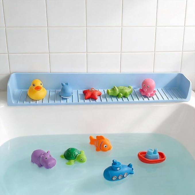 Bathtub Splash Guard for Kids - 31 Inch Silicone Tub Side Shelf with Strong Suction Cups, Toy Tray Holder to Prevent Water Spills, Keep Bathroom Dry (Light Blue)