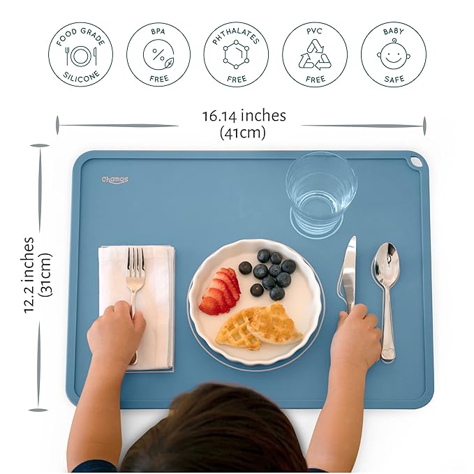 CHAMOS Montessori Placemat for Toddlers - Kids Silicone Mats for Dining Table - Set of 2 - Table Setting Learning (Blue and Grey)