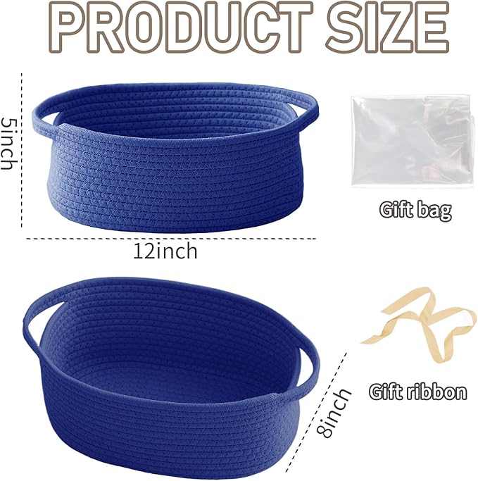 JMvicyroam Woven Basket,Small Rope Storage Bin with Handles & Ribbon Bag, Organizer for Shelves Closets,Gift Basket Empty for Birthday,Books,Dog Toys, Navy Blue/2 Pack