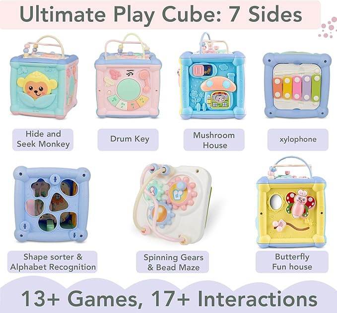 6-in-1 Baby Activity Cube for 1.5 Year Old, Educational Learning Fine Toy, Fast Learner Toddlers Activity Cube for Babies, Music & Light-Up Toy for Baby Girls and Boys, First Birthday Gifts