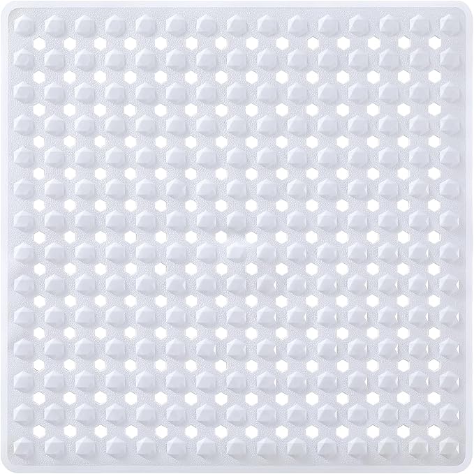 Yimobra Square Shower Floor Mat Non Slip, 21"x21" Machine Washable Bath Tub Mat, Soft on Feet, Bathmat with Drain Holes and Suction Cups, Fast Draining, White