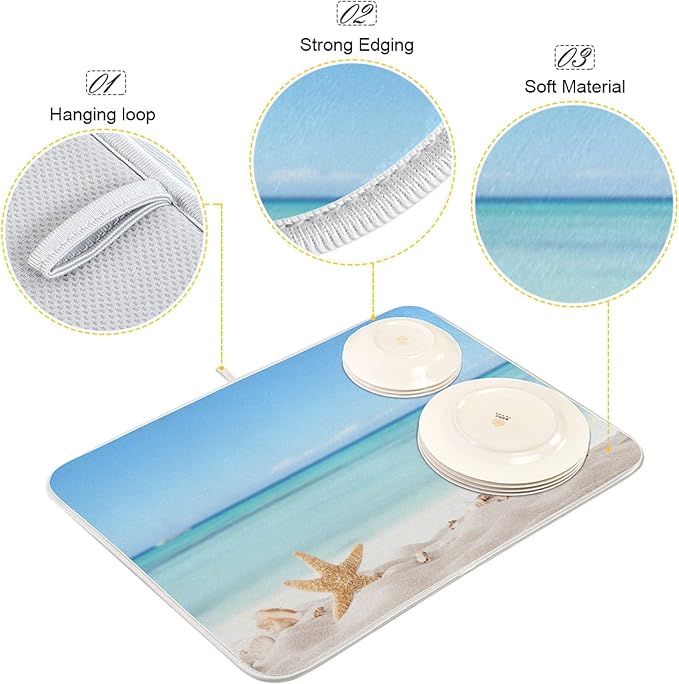 Summer Starfish Dish Drying Mats Seashells Beach Theme for Kitchen Counter Sink 16x18 in, Coastal Dish Draining Mat Baby Bottle Rack Drainer Mat Dry Pad