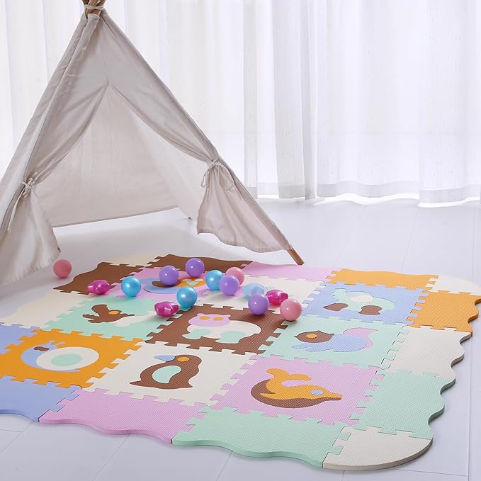 Tamiplay Foam Play Mat for Kids，25Pcs Square Interlocking Puzzle Floor Mat，Baby Play Mat Floor Mat Foam Puzzle Playmat for Toddlers with Fence（Animal-CSH007