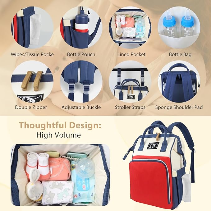 Packino Diaper Bag Backpack for Women - Multifunction Travel Essentials Baby Diaper Bag with Changing Pad, Large Backpack Baby Girl Boy, Insulated Bottle Holders & Stroller Straps (Red+Blue)