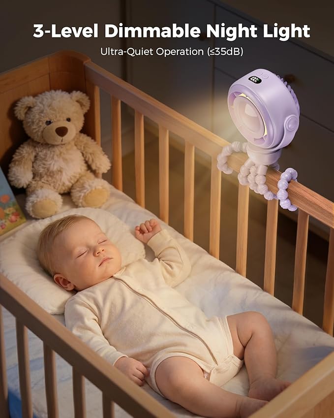 SWEETFULL Baby Stroller Fan - 4000mAh Rechargeable 4-Speed Quiet with LED Display & Night Light, Mini Portable 360° Clip On Safe Fan for Car Seat, Crib, Travel - Purple