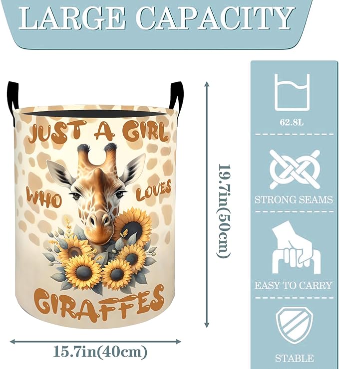 VODRM Giraffe Sunflower Laundry Basket, Dirty Collapsible Clothes Toy Organizer Hamper for Kids Adults, Oxford Cloth Waterproof Storage Bin for Bedroom Bathroom Home Decor Gifts, 19.7"X15.7"