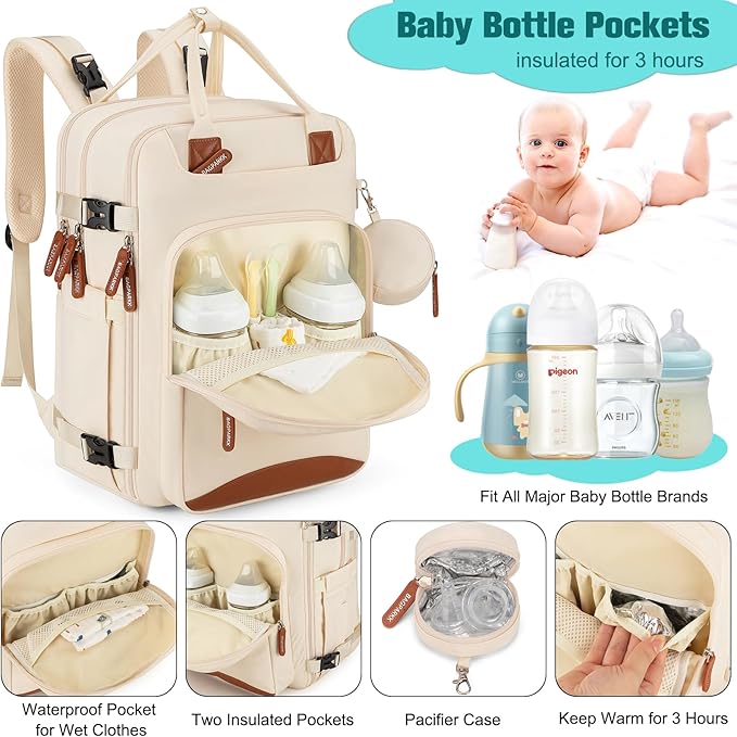 Diaper Bag Backpack,BAGPARKK Multi function Baby Bag with Portable Changing Pad, Pacifier Holder,Waterproof Diaper Bags with USB Charging Port,Anti-Theft Travel Backpack for Mom, Dad, Newborn (Beige)