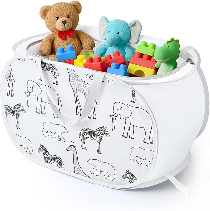 Collapsible Toy Box with Zipper Lid - Lightweight Stuffed Animal Storage Basket Organizer, Sturdy Foldable Toy Basket with Handles for Kids, Boys, Girls, Playroom, Bedroom - Animal Print, White
