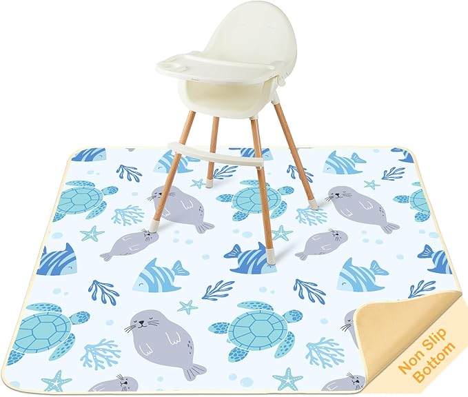 Splat Mat for Under High Chair 42 x 42 Inch Waterproof Baby Splash Mat with Non Slip Bottom Reusable Portable Highchair Mat for Floor Food Catcher for High Chair, Blue Ocean