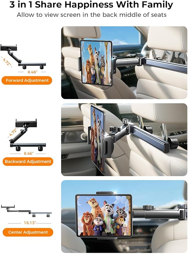 LISEN for iPad Holder Car Mount Road Trip Essentials Activities for Kids Gifts, Car Accessories for Women Interior, 3 in 1 Tablet Holder Backseat Camping Car Organizer Back Seat Headrest iPad Mount