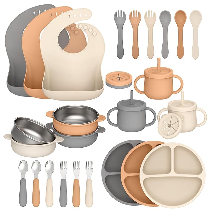 27 Pack Silicone Baby Feeding Set, Food Grade Silicone Baby LED Weaning Supplies, Include Suction Plates, Baby Bowls, Bibs, Fork & Spoon, Training cup with straw, 6 Months+(Brown, Beige, Grey)
