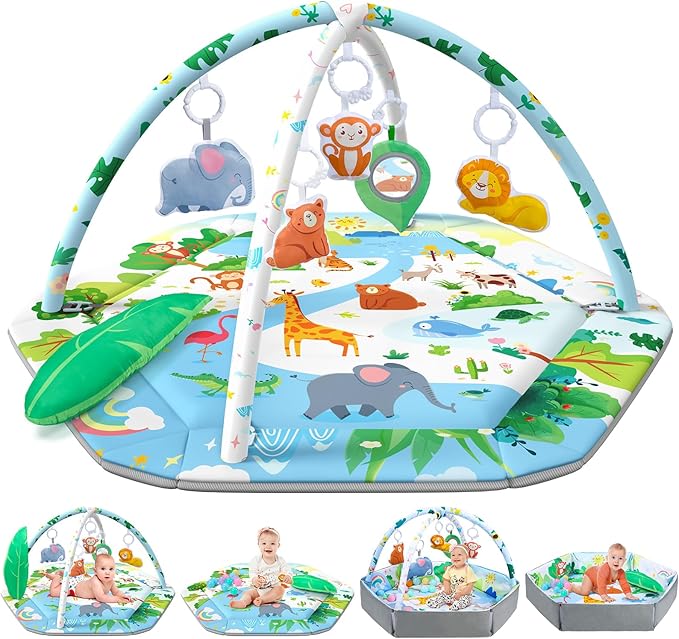 ZFDEBY Baby Gym Play Mat, 8-in-1 Tummy Time Mat & Activity Gym Mat Ball Pit with Detachable Toys, Washable Infant Play Mat for Visual, Hearing, Sensory, Motor Development, Newborn Baby Toys Gift for Toddler 0-3-6-9-12 Months Easy to Install