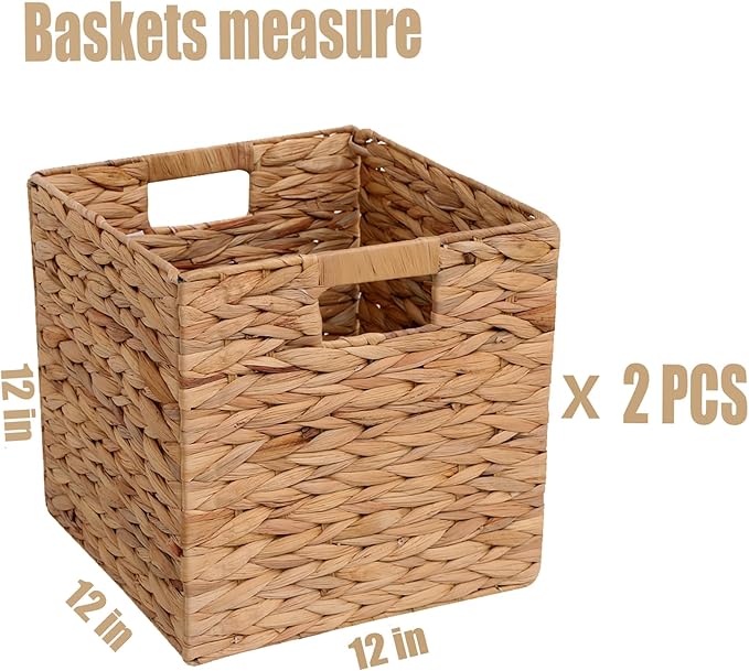 Wicker Storage Basket Foldable Hyacinth Storage Box Set of 2, 12x12x12 Inch - Handmade Woven Basket for Closet,Shelf Organization & Decor
