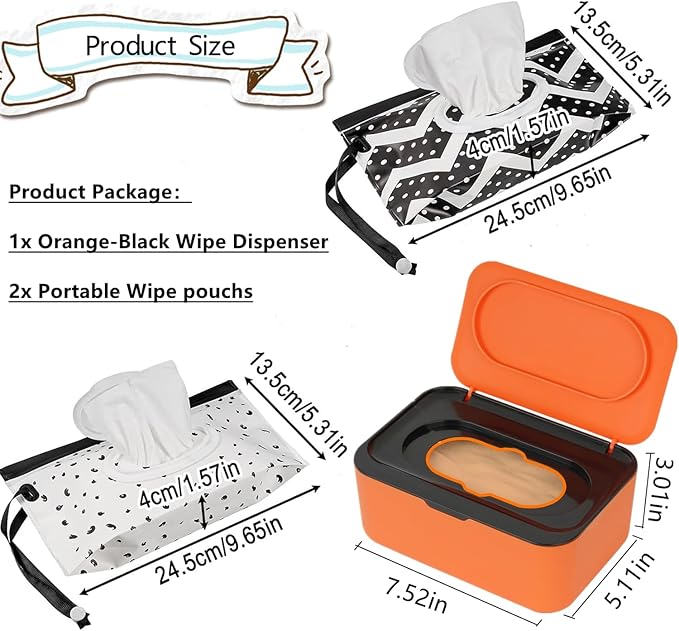 Wipes Dispenser with 2Pcs Portable Refillable Wipe Holder,Reusable Large Wipe Holder Box Flushable Wipes Case Bathroom Wipes Container for Pet Nursery Kitchen Office Counter(Orange-Black)