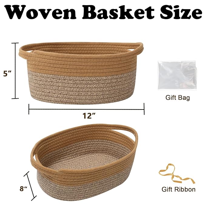 Small Woven Rope Basket-Empty Gifts Basket with Bag and Ribbons,Cute Handle Organizer Box for Birthday/Baby Shower, Toy Storage, Nursery Organizing & Shelf Decor(Jute&Mixed Brown)
