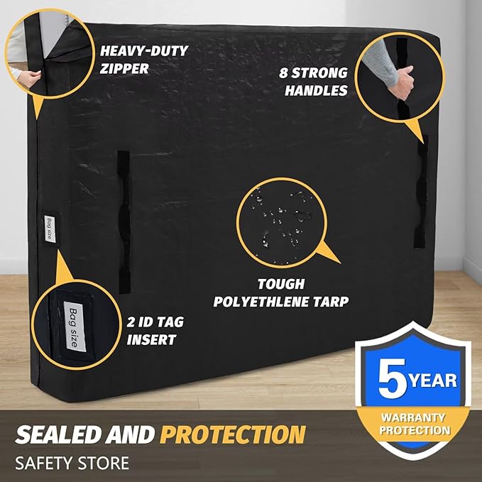 Mattress Bags for Moving and Storage, BETU Queen Mattress Protector Waterproof Mattress Cover with 8 Heavy Duty Handles and Zipper Extra Thick Moving Supplies for Bed Reusable (82x62x13.5 Black)