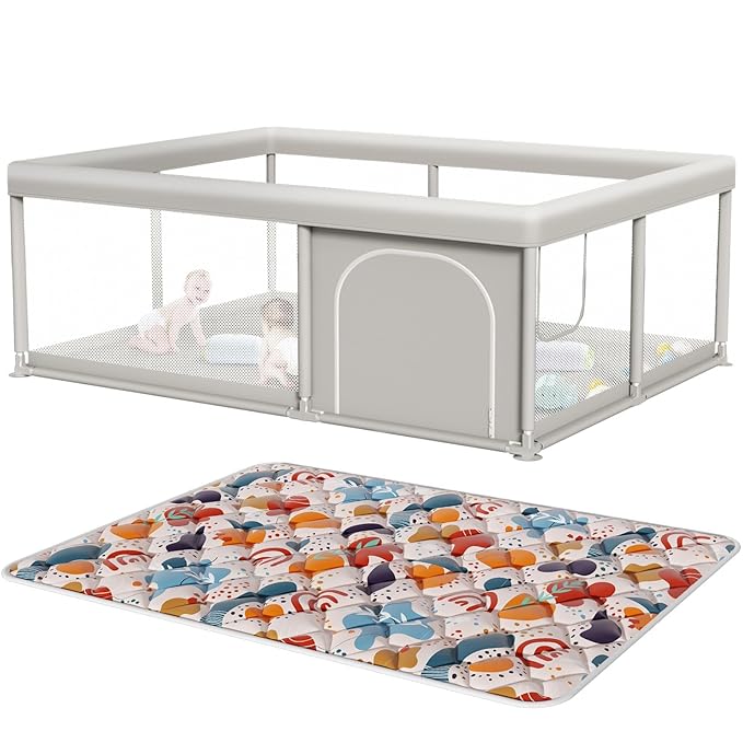 Baby Playpen with Mat 65 x 50 Inch, PlayPen for Babies and Toddlers, Sturdy Safety Play Yard for Indoor & Outdoor with Zipper Gates
