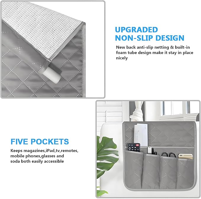 Sofa Armrest Organizer Non-Slip Arm Chair Bedside Caddy Storage Organizer for Recliner Couch with 5 Pockets for Cell Phone TV Remote Control Magazines (LIGHT GRAY)