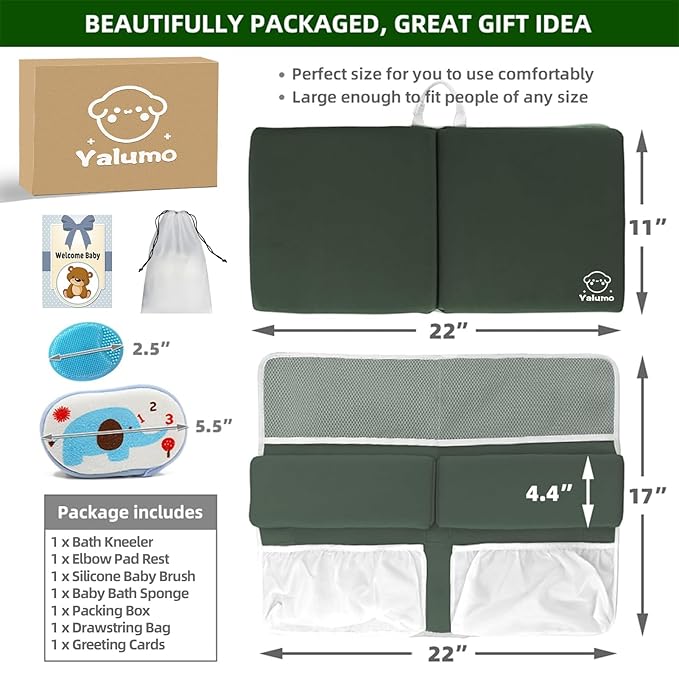 Bath Kneeler and Elbow Rest Set Baby Bath Kneeling Pad, Thick Anti-Slip Bathing Kneeling Mat Cushion Quick Drying Bathtub Knee Saver with Arm Support and Pockets for Bathroom Bathing Time Comfort